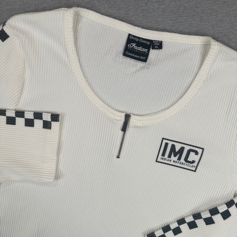 Indian Motorcycle Shirt Womens XL Ribbed 1/4 Zip Top Checkered Racing Stripe